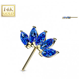 Embout de piercing Eventail d'or jaune 14 carats � zirconiums bleu profond (pour tige push-in)