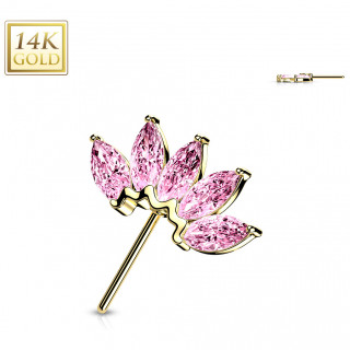 Embout de piercing Eventail d'or jaune 14 carats � zirconiums roses (pour tige push-in)