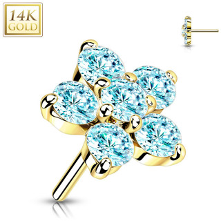 Embout de piercing Fleur d'or jaune 14 carats � zirconiums bleus (pour tige push-in)