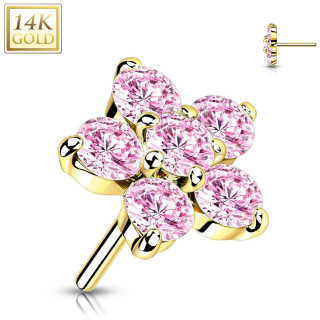 Embout de piercing Fleur d'or jaune 14 carats � zirconiums roses (pour tige push-in)