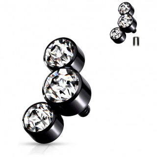 Embout piercing noir � trio de cristaux (filetage interne)