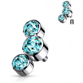 Embout piercing � trio de cristaux (filetage interne) - Bleu aqua