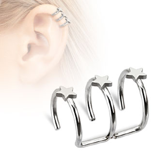 Faux piercing cartilage argent� � trois anneaux �toil�s ouverts