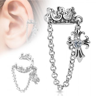 Faux piercing cartilage avec couronne et croix � fleurs de lys