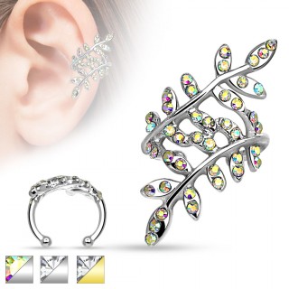 Faux piercing cartilage oreille � branches avec feuilles strass