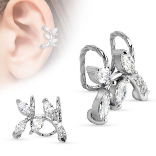 Faux piercing cartilage oreille avec branche � feuilles de pierres