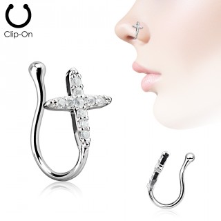 Faux piercing nez � croix latine strass