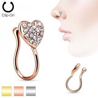 Faux piercing nez en laiton � coeur pav� de strass