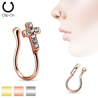 Faux piercing nez en laiton � croix avec strass