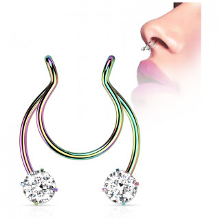 Faux piercing nez septum en acier Arc en ciel � strass