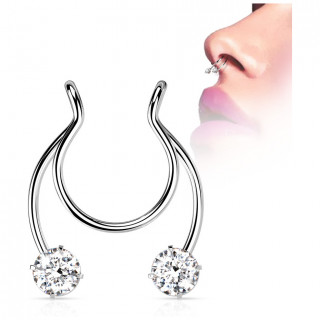 Faux piercing nez septum en acier clair � strass