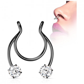 Faux piercing nez septum en acier Noir � strass