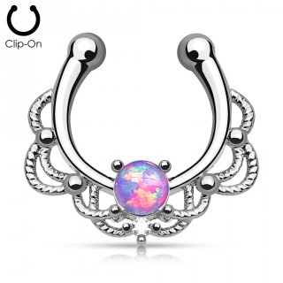 Faux piercing septum argent� � design cordage sertie d'une Opale violette