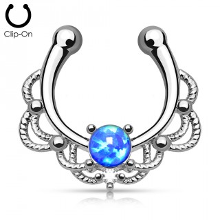 Faux piercing septum argent� style cordage inf�rieur avec opale synth�tique bleue
