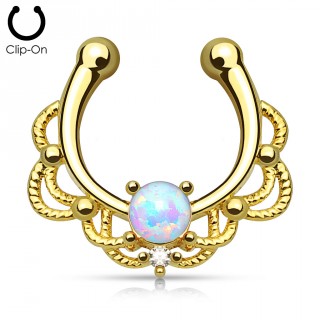 Faux piercing septum dor� � design cordage sertie d'une Opale blanche