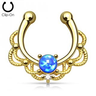 Faux piercing septum dor� � design cordage sertie d'une Opale bleue