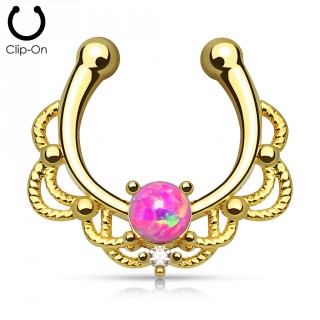Faux piercing septum dor� � design cordage sertie d'une Opale rose