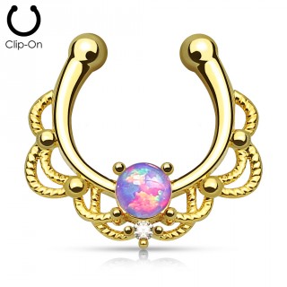 Faux piercing septum dor� � design cordage sertie d'une Opale violette
