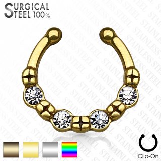 Faux piercing septum en acier � strass et rainures en �toiles