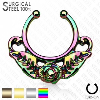 Faux piercing septum en acier d�cor� d'une rose avec ses feuilles