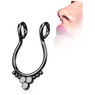Faux piercing septum en acier Noir trinit�s de strass et perles
