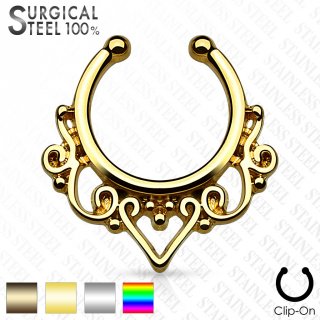 Faux piercing septum en acier style tribal � coeur ouvert et spirales