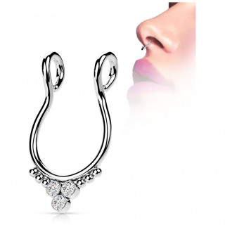 Faux piercing septum en acier trinit�s de strass et perles