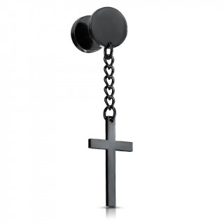 Faux plug PVD noir � pendentif croix