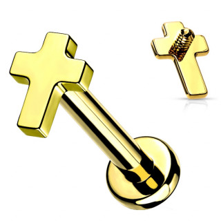 Piercing labret Croix Latine en acier Dor� (l�vre, tragus, helix...)