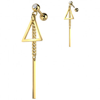 Piercing oreille dor� strass � barre et triangle enchain�s (flat, h�lix, lobe...)