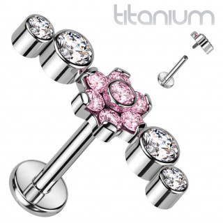 Piercing labret Titane � arc de zirconiums ronds et fleur rose (h�lix, l�vre...)