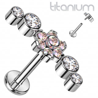Piercing labret Titane � arc de zirconiums ronds et fleur aurore bor�ale (h�lix, l�vre...)