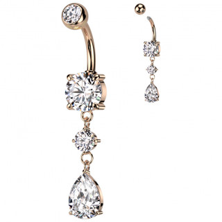 Piercing nombril cuivr� double pendentif zirconiums rond et goutte