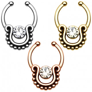 Faux piercing septum � "om�ga" invers� perl� et pierre claire