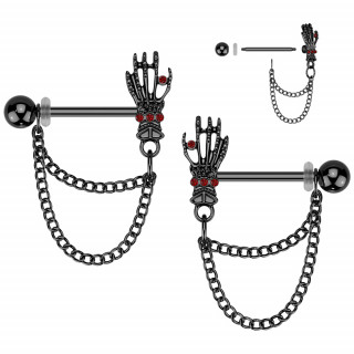 Piercings T�tons noirs � main squelette et chaines (Paire)