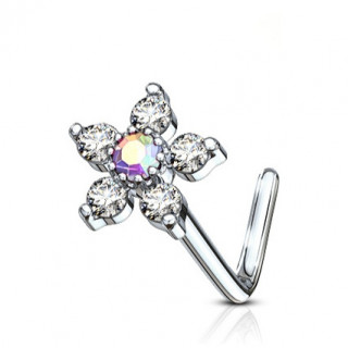 Piercing nez tige L � fleur strass claire et aurore bor�ale