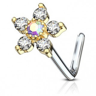 Piercing nez plaqu� or tige L � fleur strass