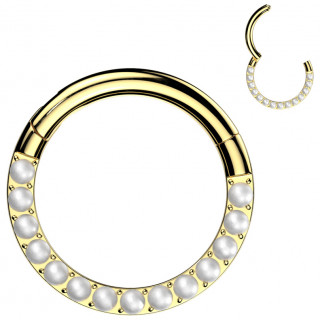 Annneau charni�re en Titane dor� serti de perles blanches