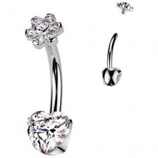 Piercing nombril Titane � coeur et fleur de Zirconiums (filetage interne)
