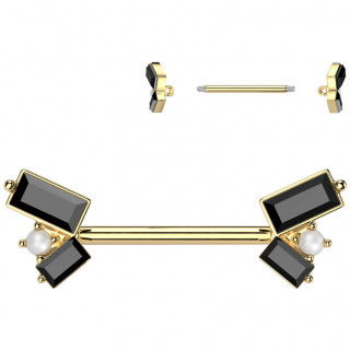 Piercing t�ton dor� � zirconiums noirs en baguettes et perles