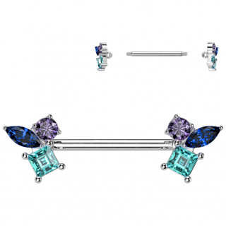Piercing t�ton orn� de pierres multicolores �voquant un papillon stylis�