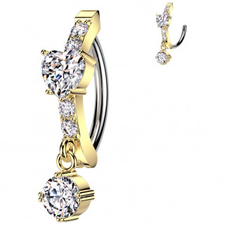 Piercing nombril clicker avec barrette dor�e sertie � coeur zirconium et pendentif