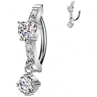 Piercing nombril clicker avec barrette sertie � coeur zirconium et pendentif