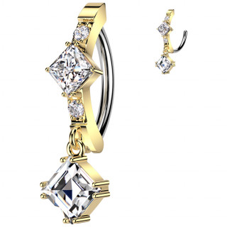 Piercing nombril charni�re avec barrette dor�e sertie � losange zirconium et pendentif