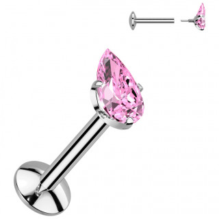 Piercing labret Titane � goutte rose en zirconium (l�vre, tragus, h�lix...)