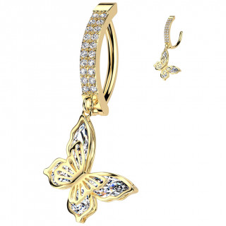 Piercing nombril clicker dor� barette sertie � papillon en pendentif