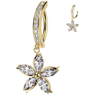 Piercing nombril clicker dor� barette sertie � fleur en pendentif