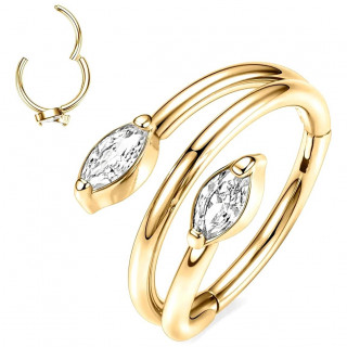 Anneau charni�re style vigne en Titane Dor� � zirconiums en amande (arcade, l�vre, oreille)
