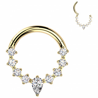 Anneau clicker en titane dor� avec pierre en goutte centrale