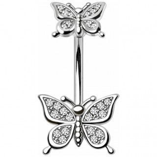 Piercing nombril � duo de papillons pav�s de zirconiums